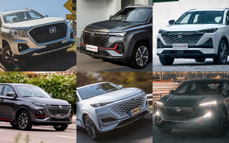 Collage de modelos Changan Hunter, CS35 Plus, CS55 Plus, X7 Plus, Uni-K y Uni T.