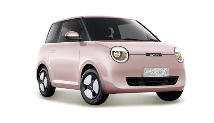 Carro eléctrico Changan Lumin color rosado, sobre fondo blanco.